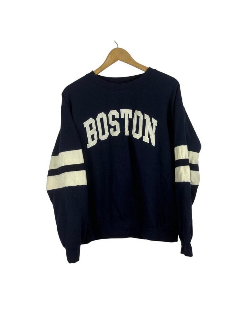 Boston Navy Blue Crewneck Sweatshirt Collegiate Embroidered Striped Sleeves L